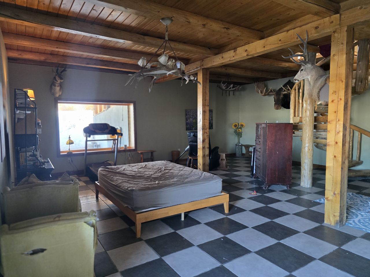A loft-style room with antler chandeliers, a low platform bed, and a tall cat-climbing structure
